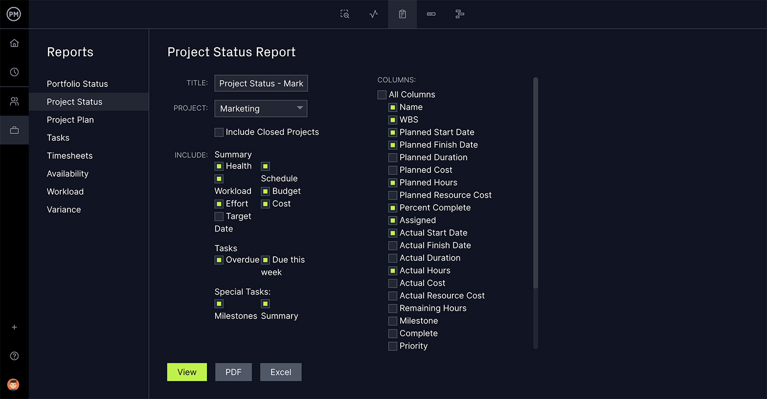 A screenshot of a status report generation screen in ProjectManager, with different filter settings that affect the progress report