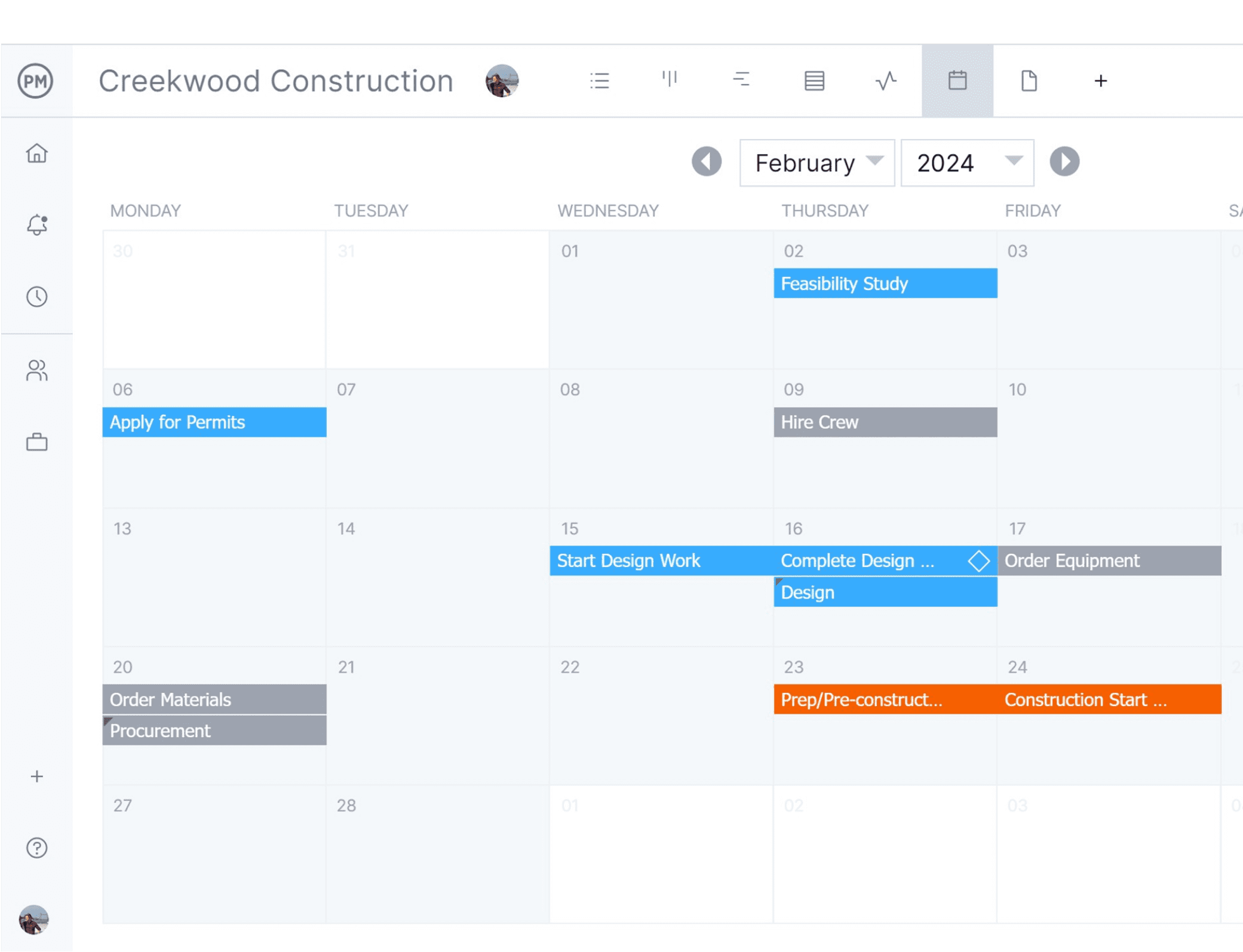 Screenshot of a calendar in project scheduling software