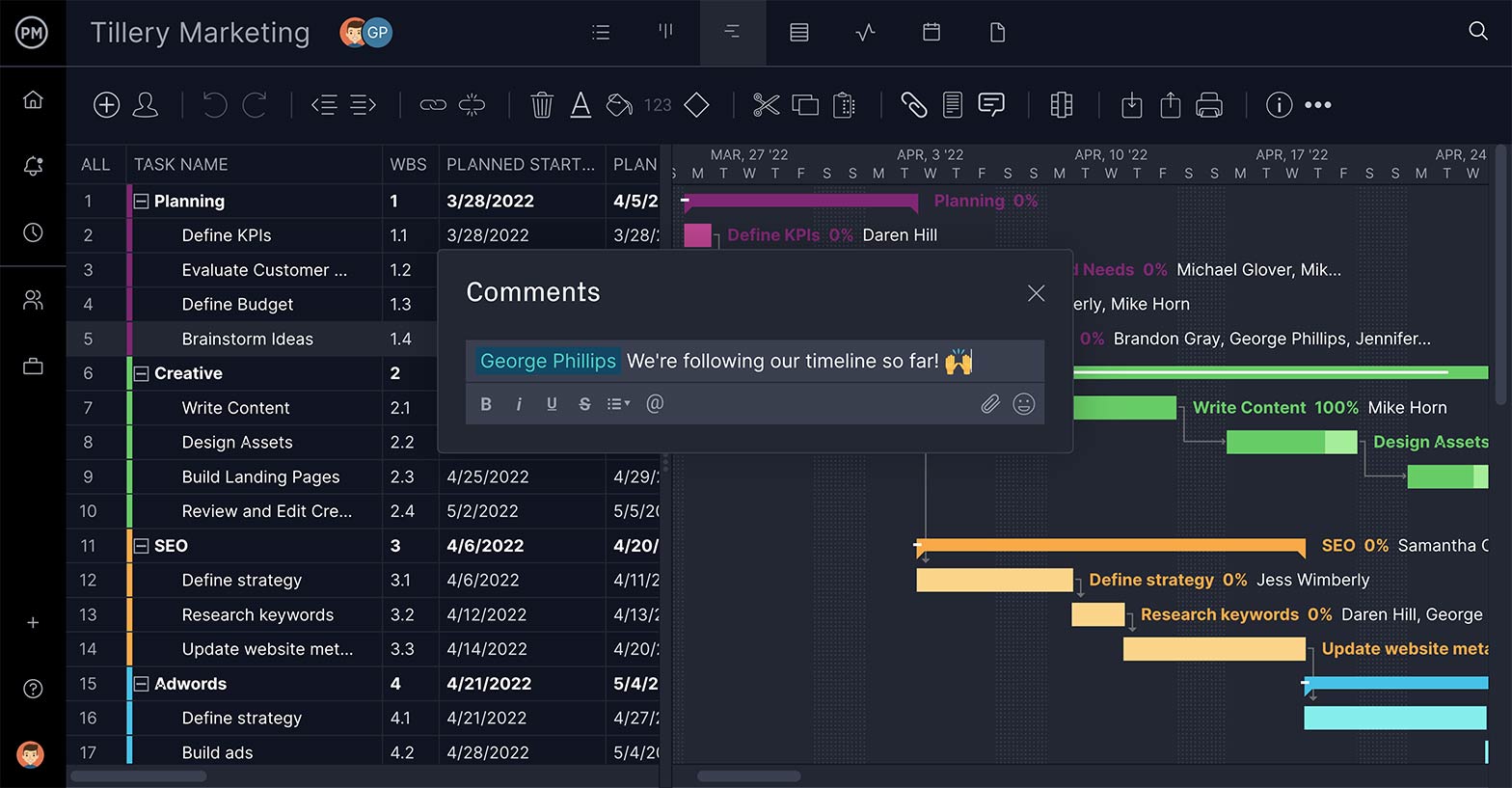 Project creator with collaboration features on a Gantt chart