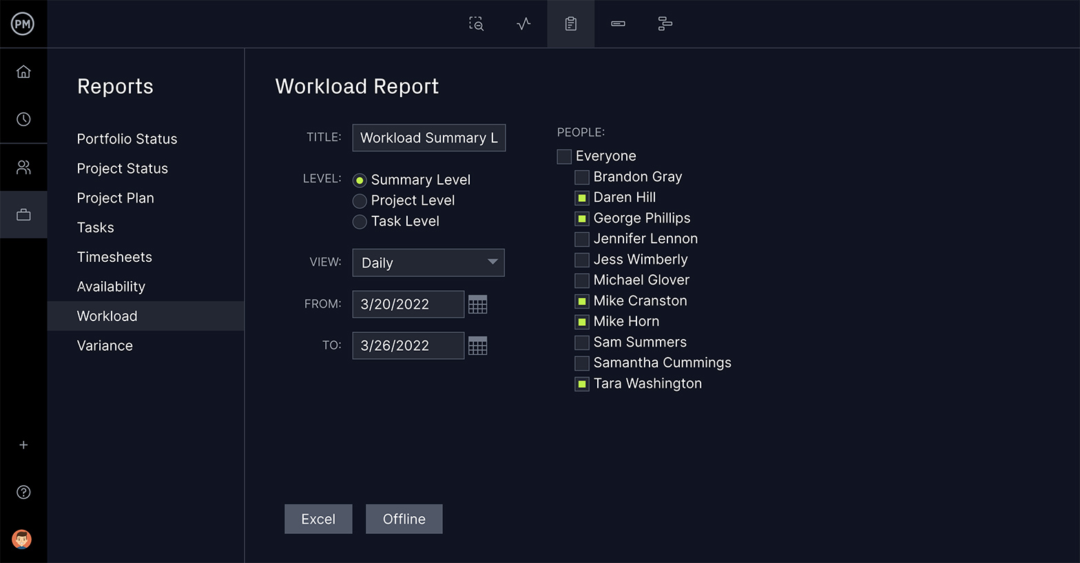 A screenshot of ProjectManager's task reports that can be generated for a post-implementation review