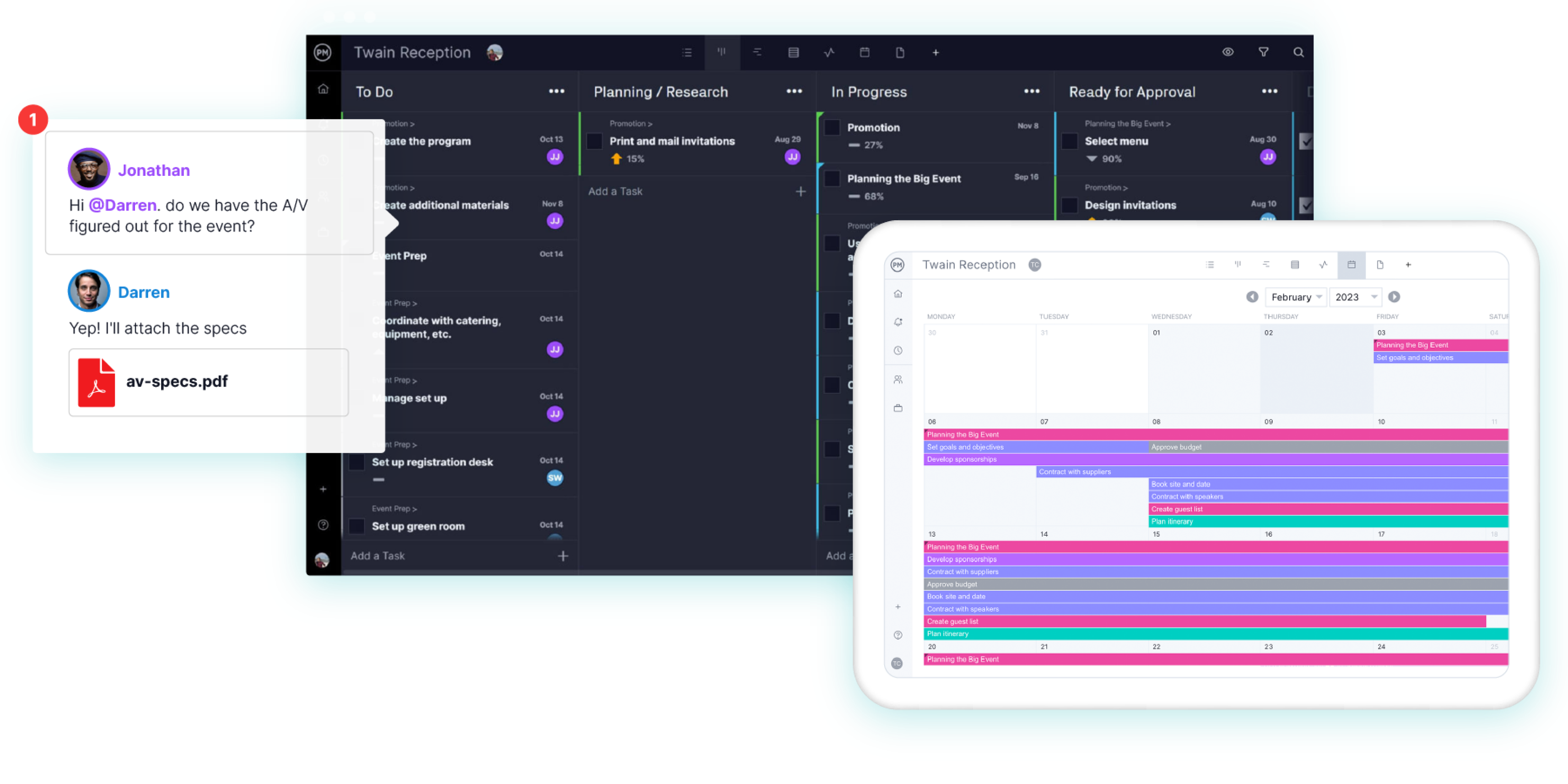 Event project management software with an event calendar, kanban board and chat window