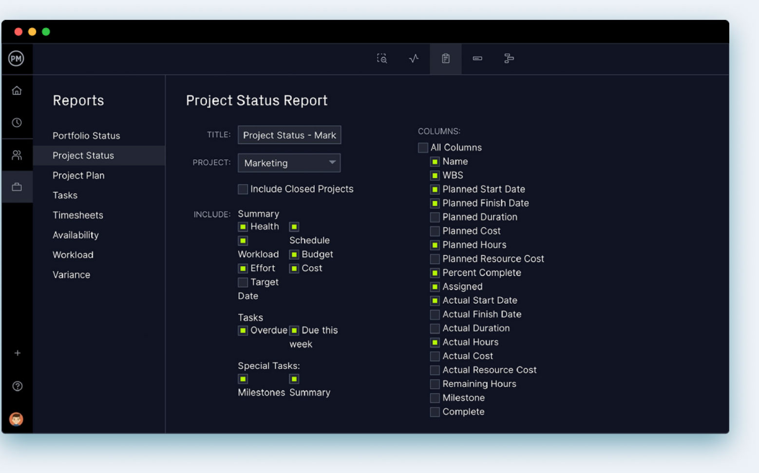 Project scheduling software with project reports