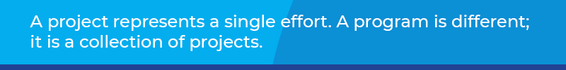 A project represents a single effort. A program is different; it is a collection of projects. 