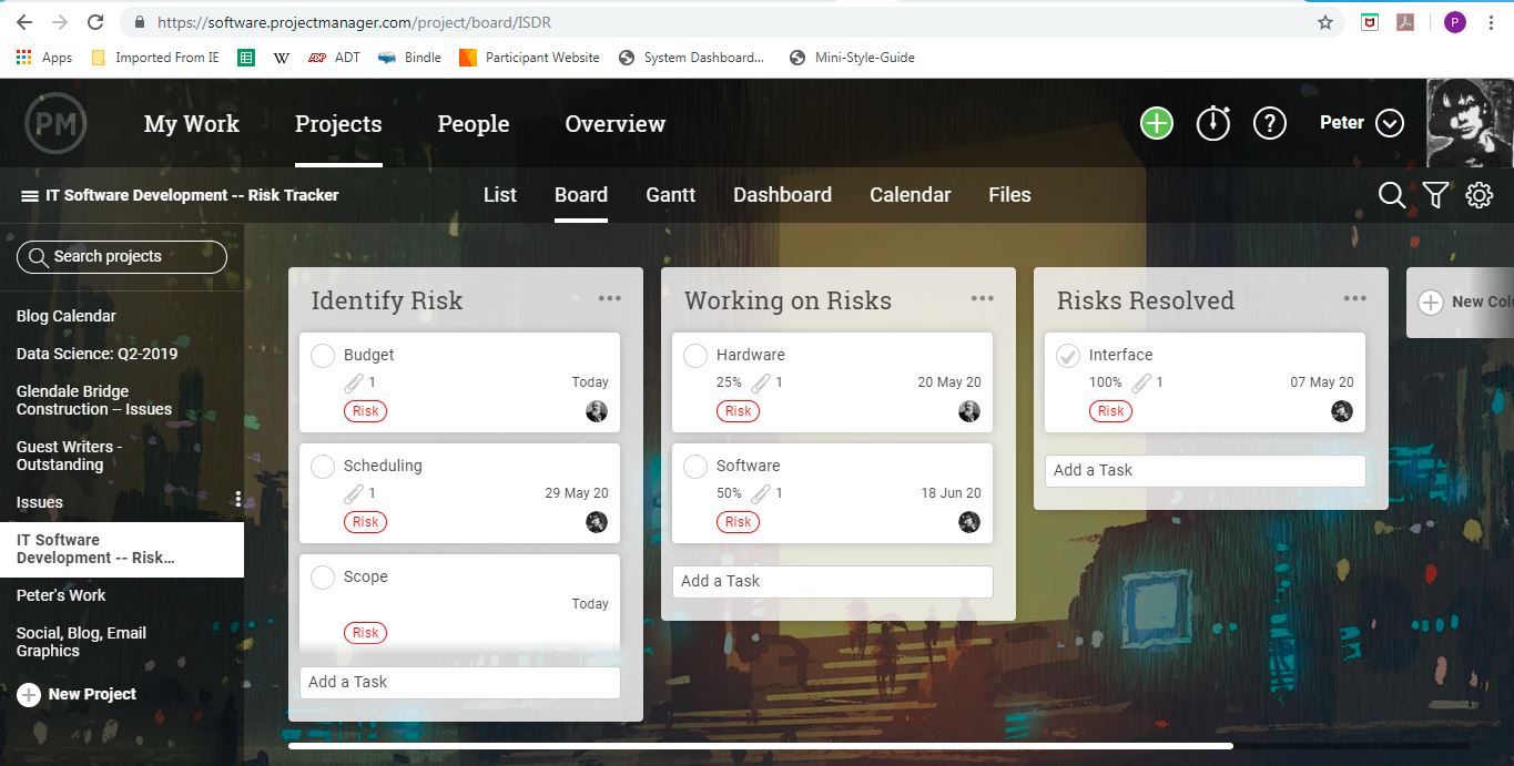 project risk tracked in kanban board