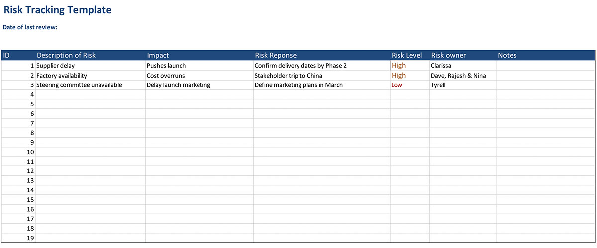 Risk tracking spreadsheet for Excel