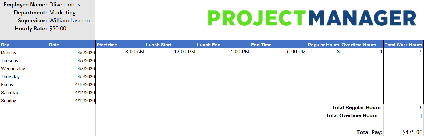 Excel Template For Timesheet from www.projectmanager.com