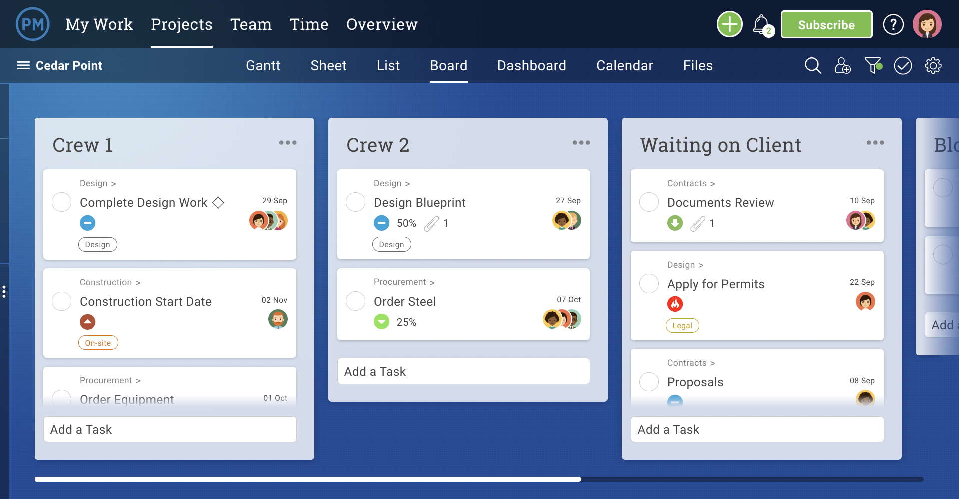 Screenshot of ProjectManager.com's Kanban board, with cards representing tasks and columns representing different stages of completion, from "to-do" to "deploy."