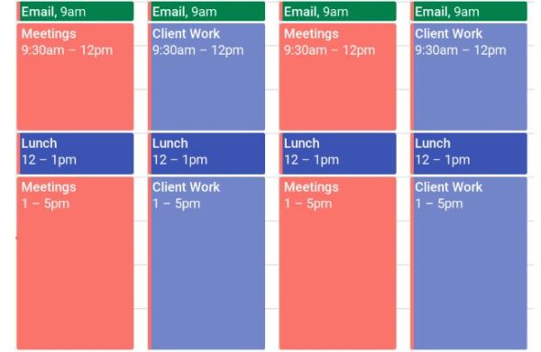 A time blocking work week showing time blocks for meetings and work