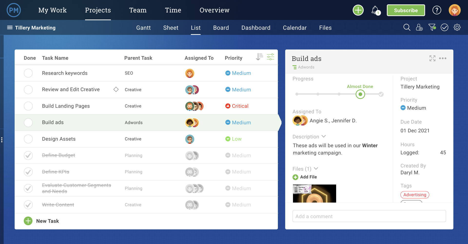 list view from ProjectManager, with expanded item for more detail