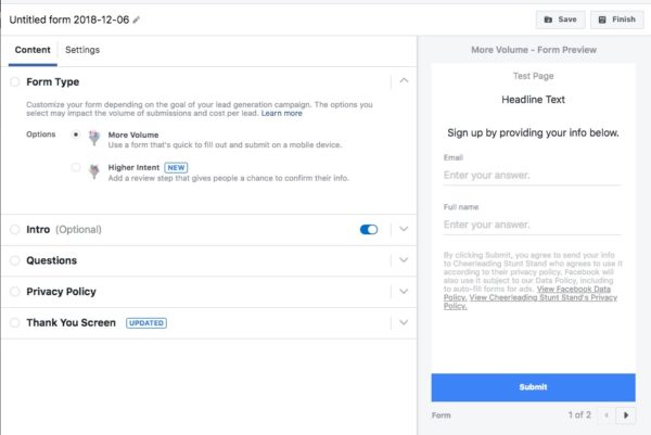 facebook lead form