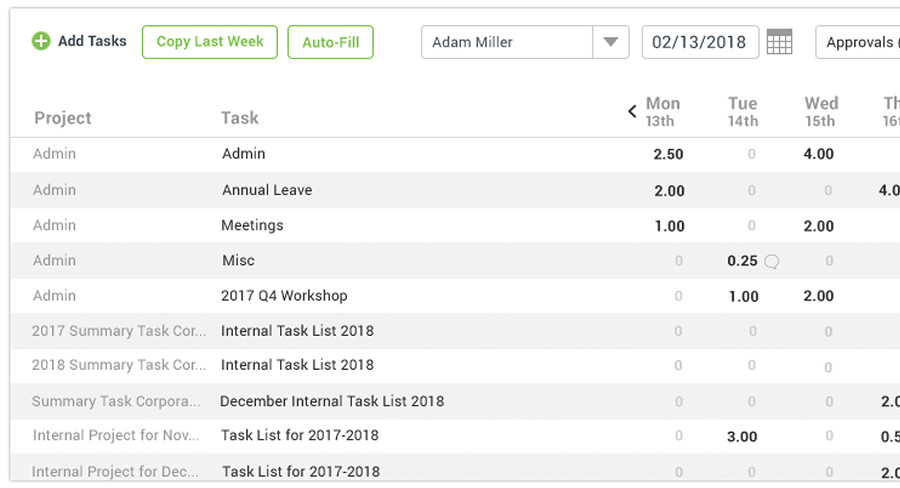 timesheet with employees and hours tracked