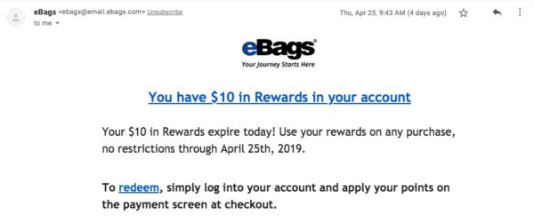 rewards email marketing example