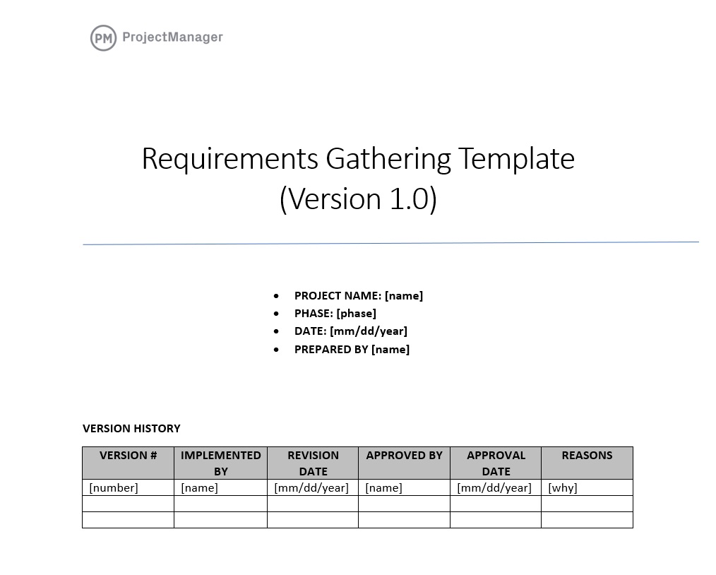 Requirements gathering template in ProjectManager