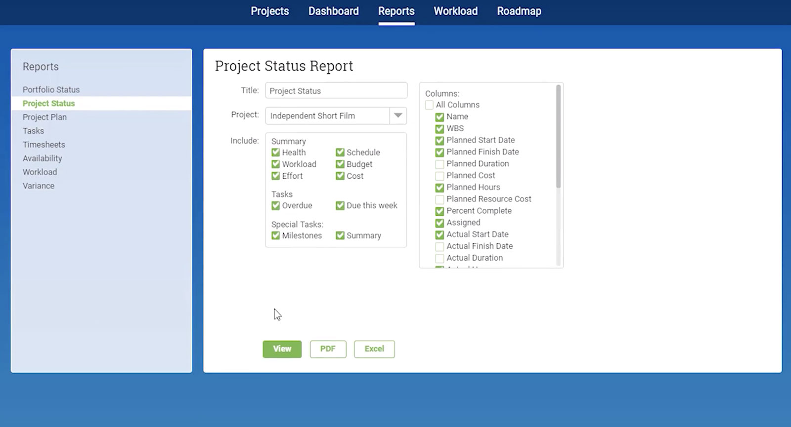 project status report screenshot in projectmanager.com