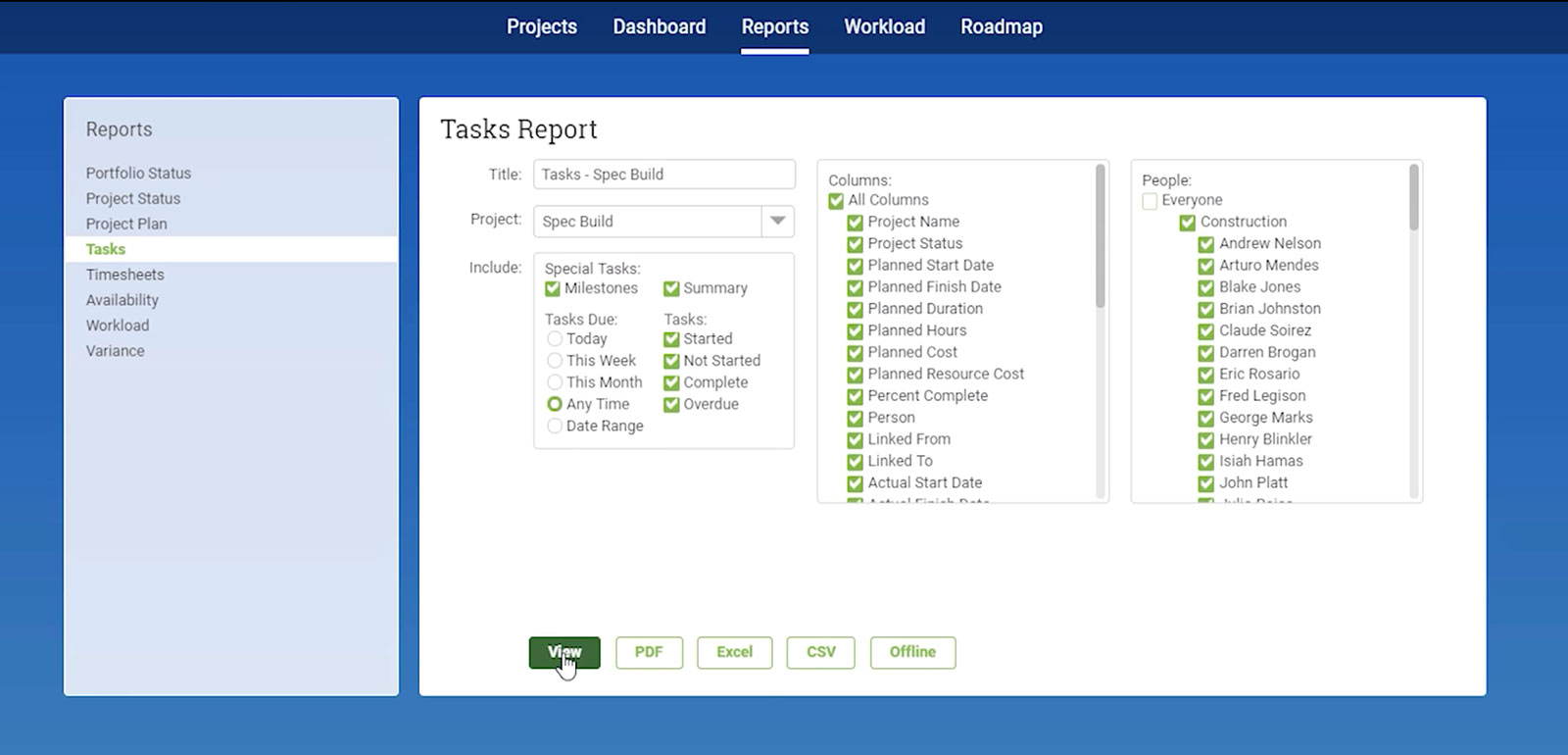 automated reporting feature in projectmanager.com