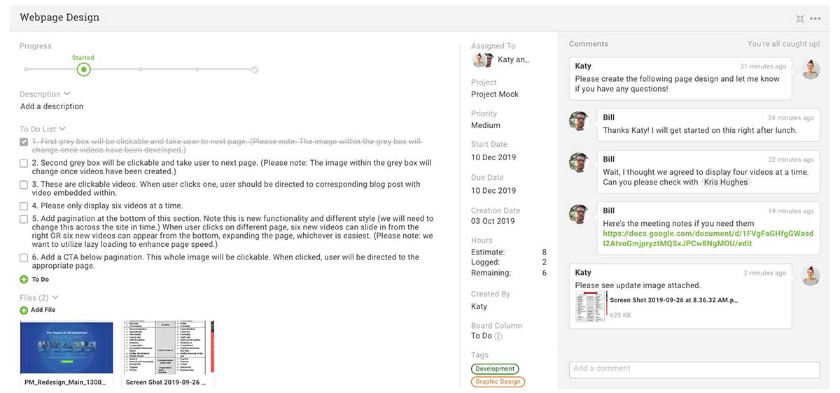 Projectmanager.com full screen task example with attached files and comments