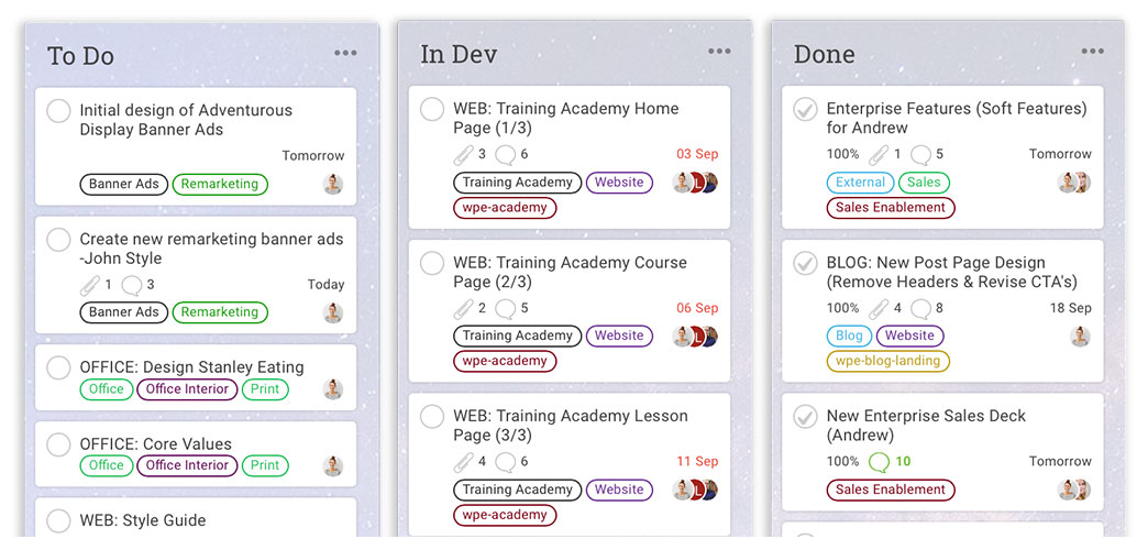 Example kanban cards in projectmanager.com's software