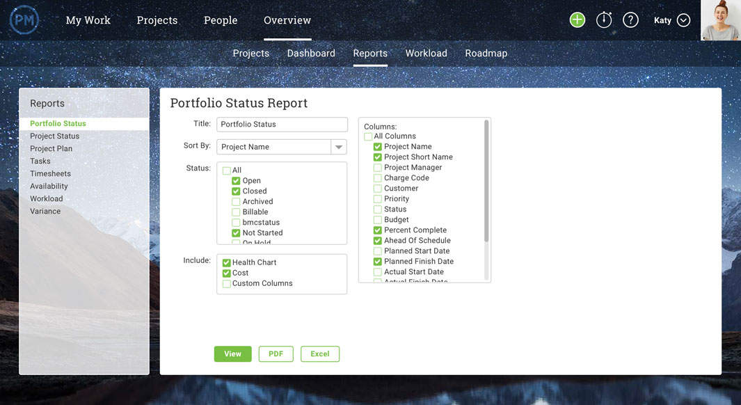 Projectmanager.com’s Portfolio Report creation screen