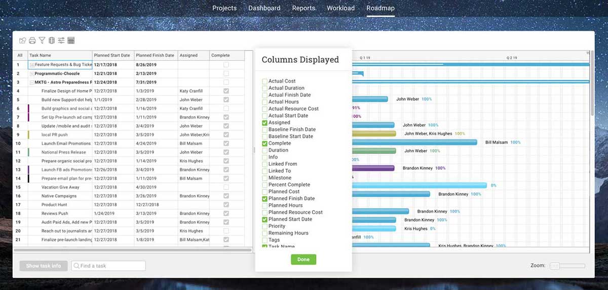 Project portfolio roadmap view