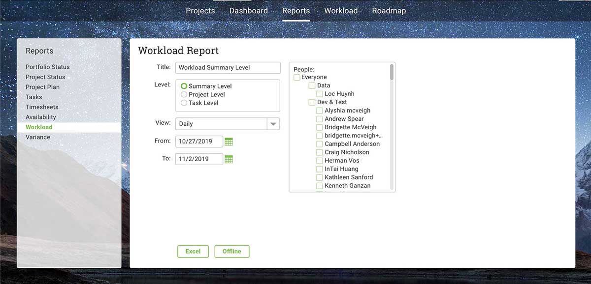 Workload report creation panel
