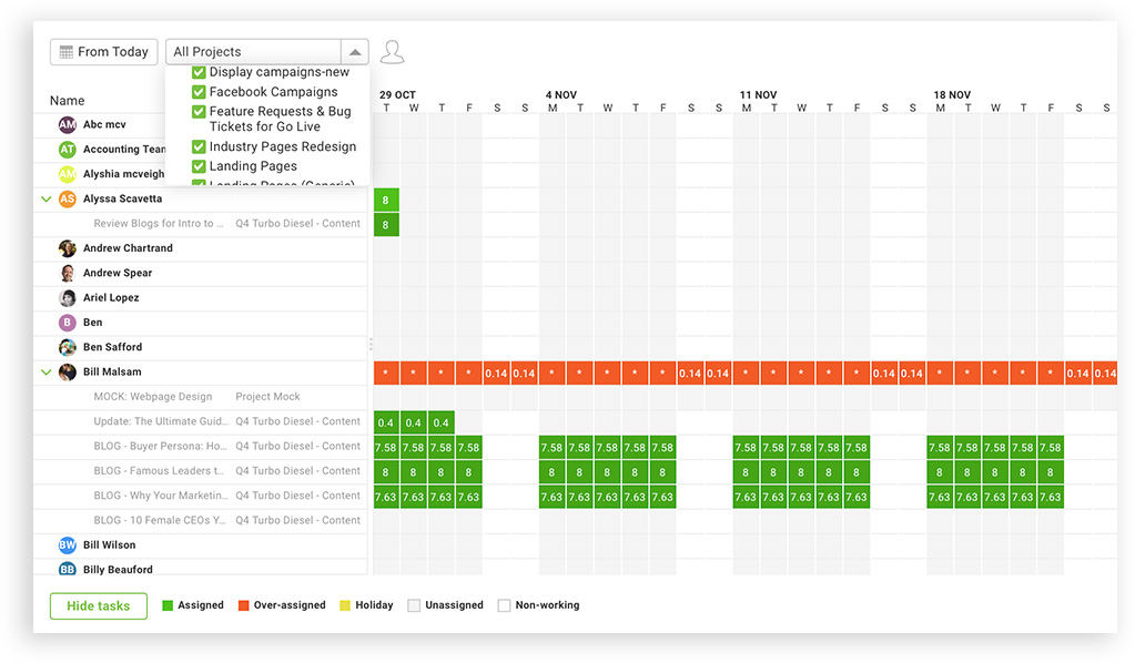 Filtered workload view in Projectmanager.com