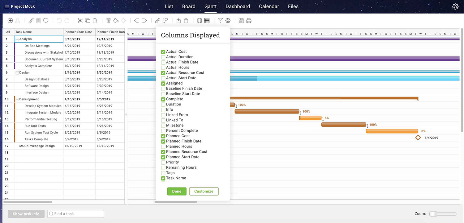 The column chooser for Projectmanager.com's Gantt chart view