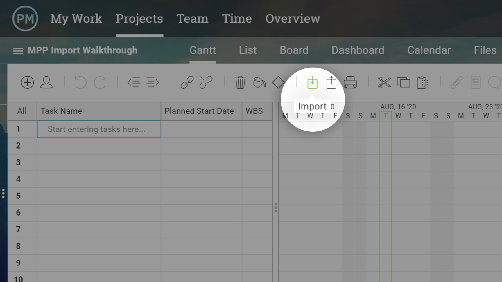 Importing MPP Files into ProjectManager.com is easily done from the Gantt View