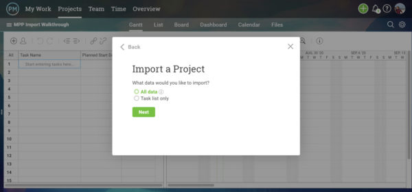 An import prompt asking if you want to bring in all the data or just hte task list