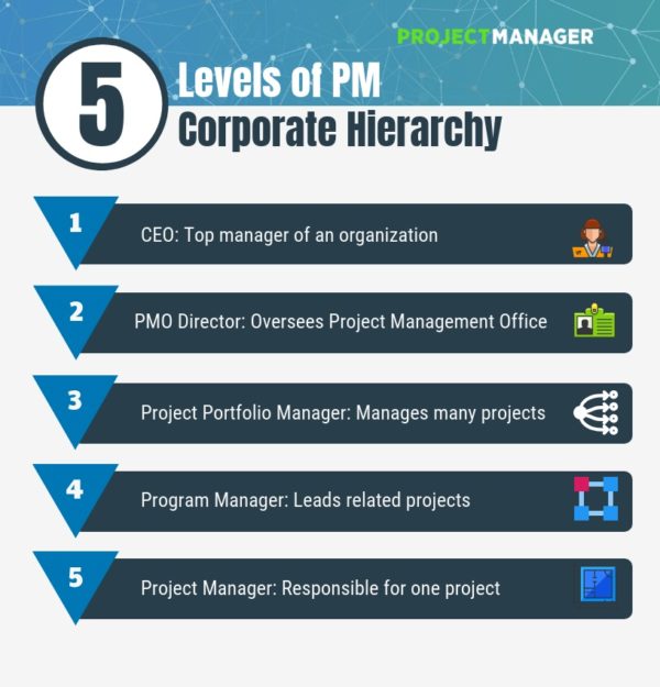 5 niveles de la jerarquía corporativa de gestión de proyectos