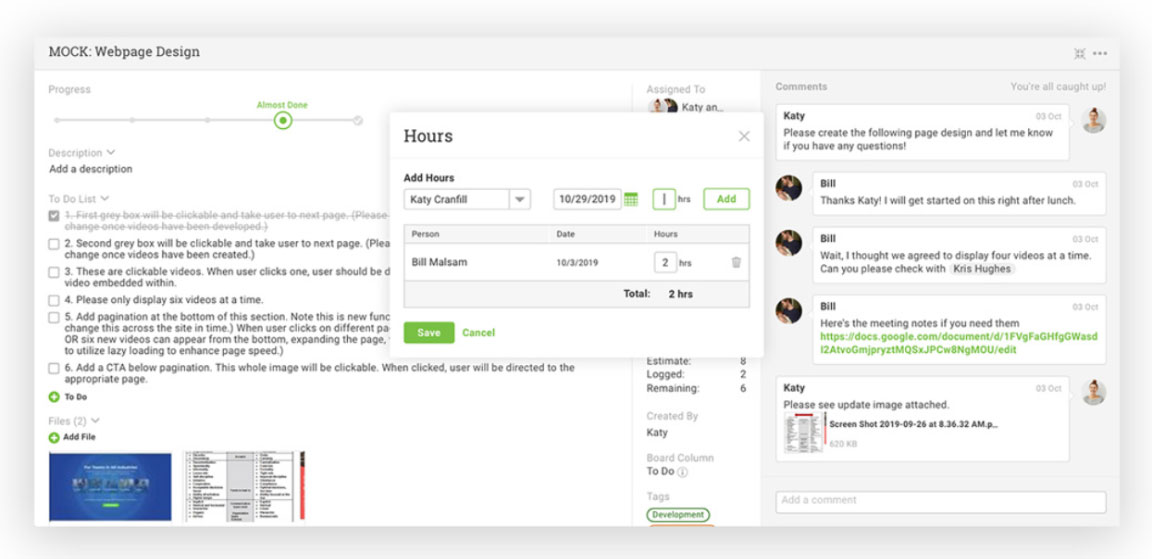 Projectmanager.com task with hours tracking module open