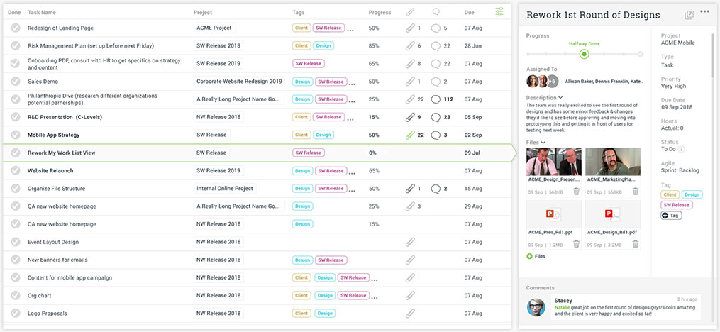 Task list view, with a single task expanded to see attachments and comments