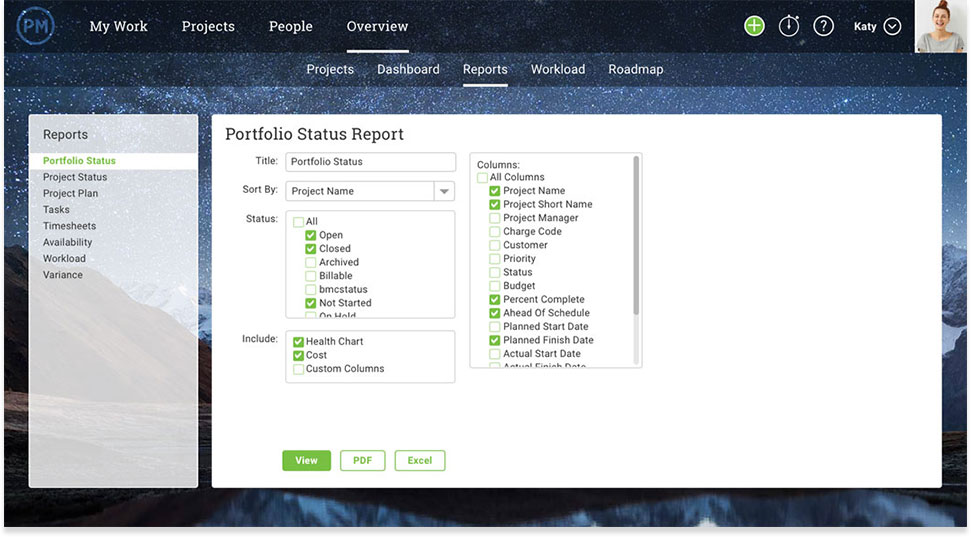 Portfolio Status Report creation panel