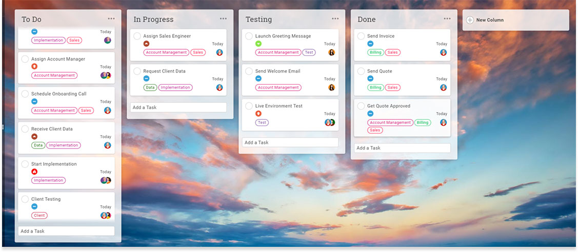 Kanban board with columns for To Do, In Progress, Testing, and Done