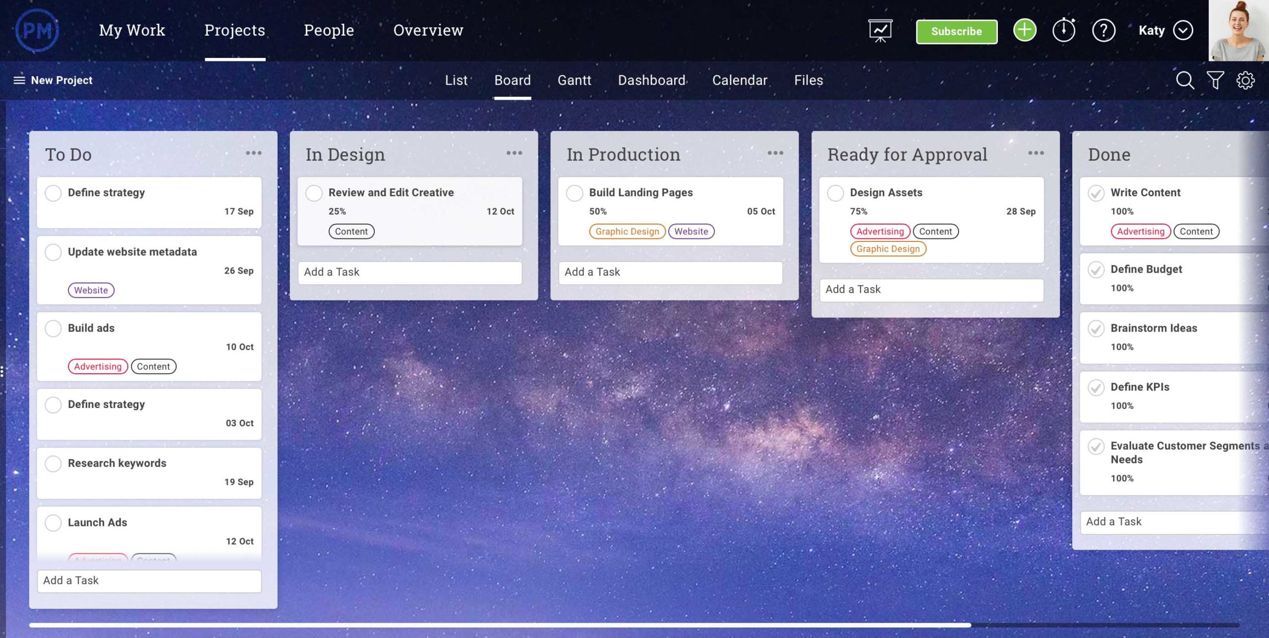 kanban board screenshot with marketing workflow