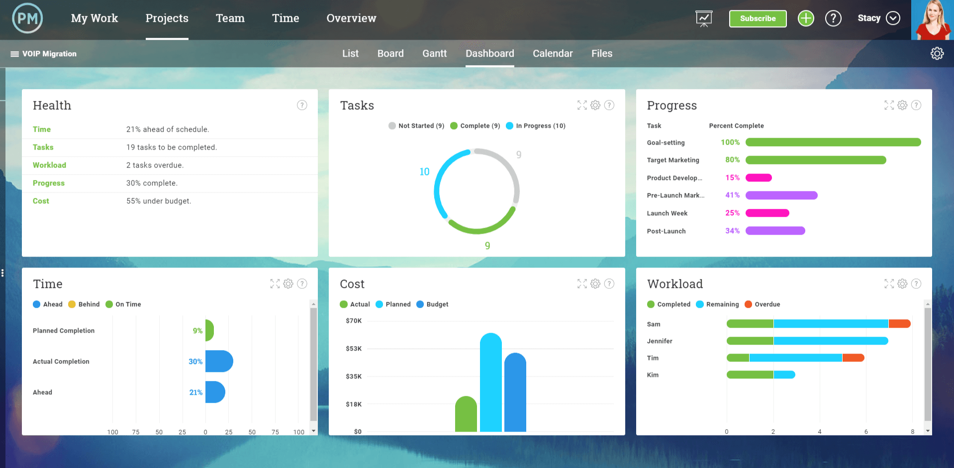 Screenshot of the dashboard view in ProjectManager.com, used to track time and tasks across projects.