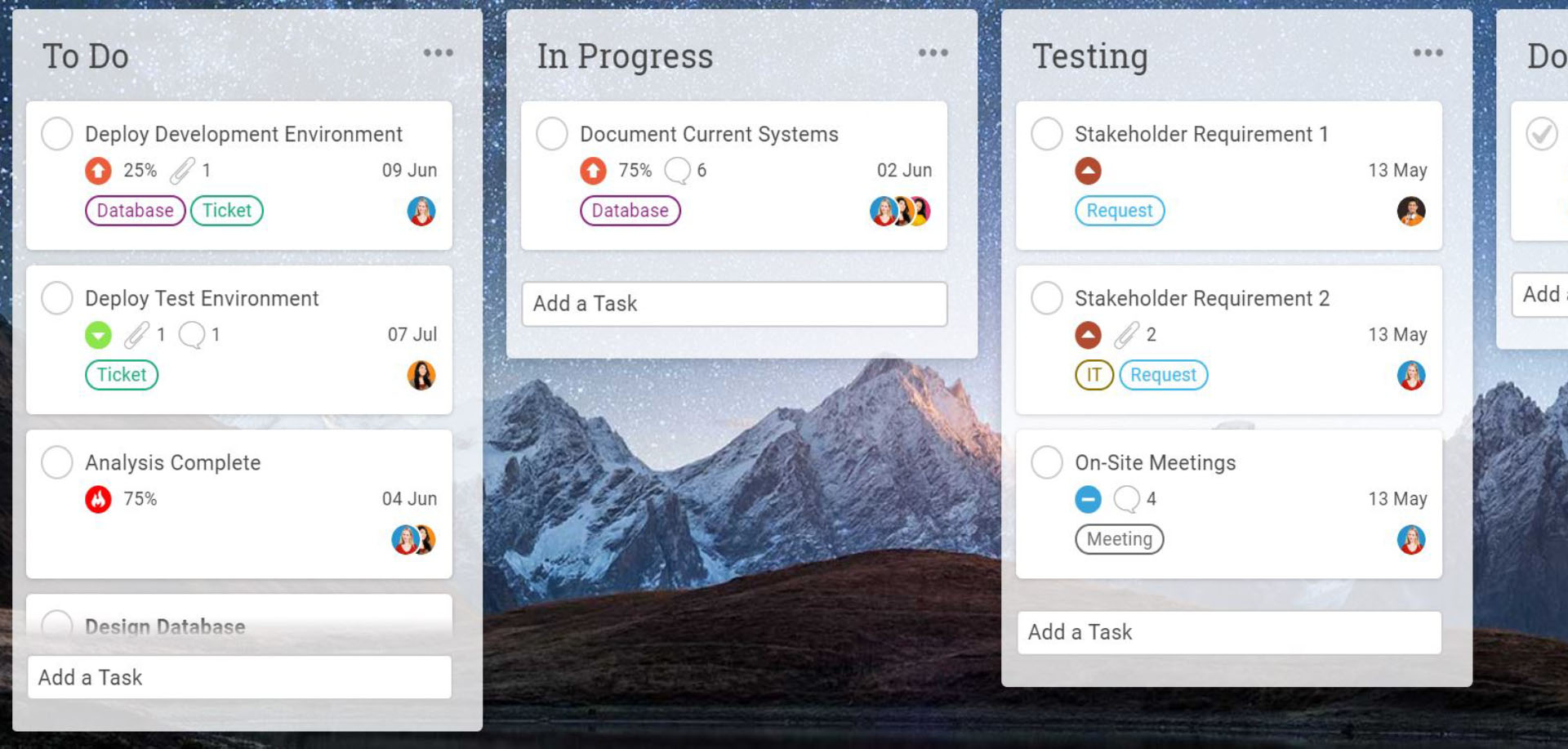 Example kanban cards in projectmanager.com's software