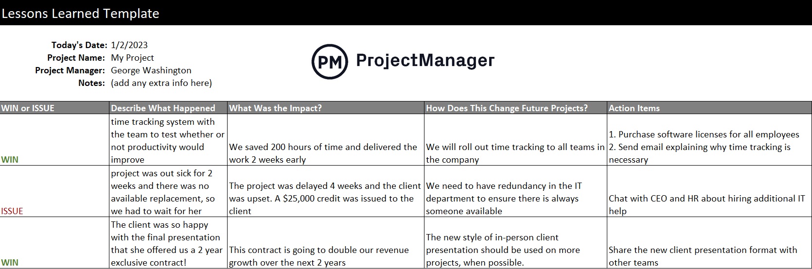 Free Lessons Learned Template for Excel ProjectManager