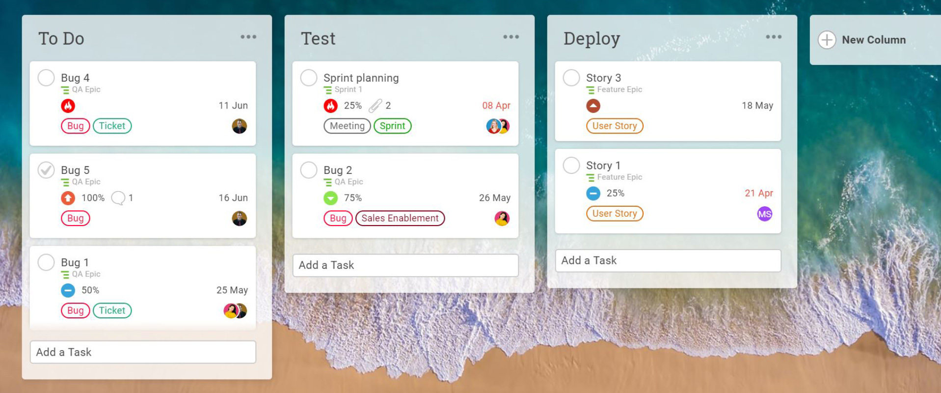 A screenshot of the Kanban view of ProjectManager.com, showing multiple columns labeled "To-Do", "Test" and "Deploy", with tasks underneath each representing their stage of progress.