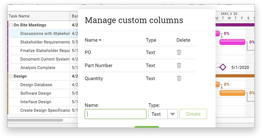 Custom Gant chart columns on ProjectManager.com