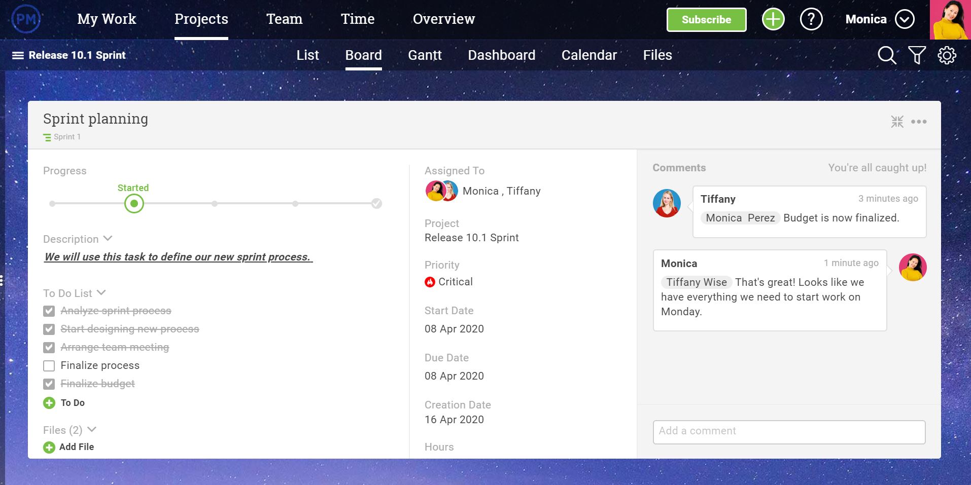 A screenshot of ProjectManager.com's interface, showing a task with different team members commenting on it.
