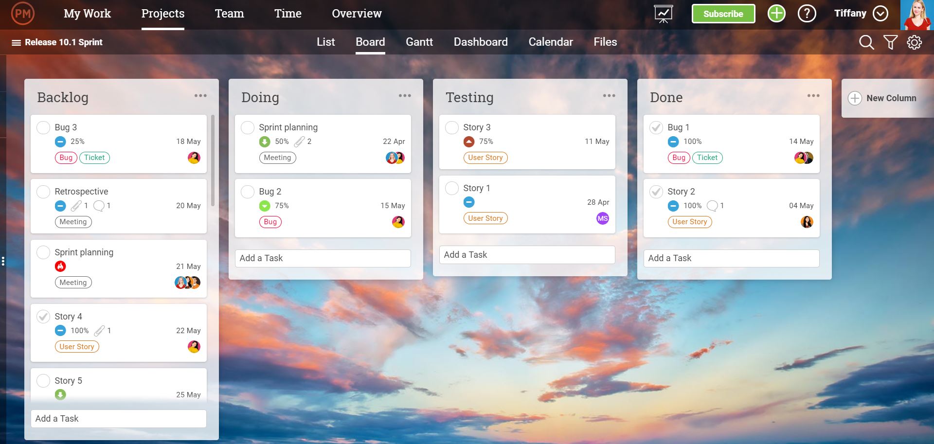 A screenshot of the resource management overview in ProjectManager.com, showing project stages as boards, with tasks being moved through boards to signal completion.