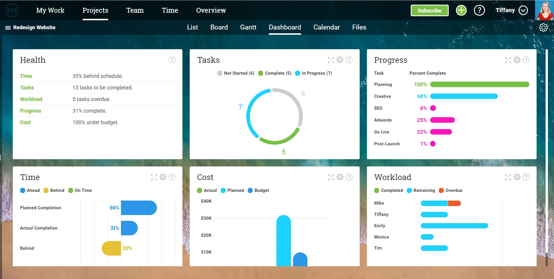 A screenshot of ProjectManager.com's real-time dashboard, displaying project health, tasks, progress, time, cost and workload.