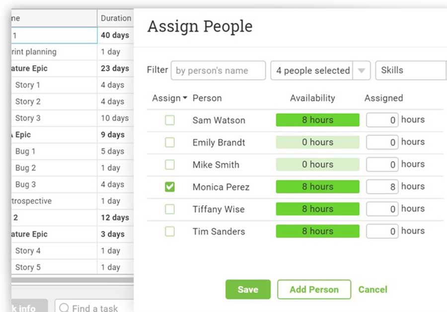 A screenshot of schedule management on the gantt chart in ProjectManager.com