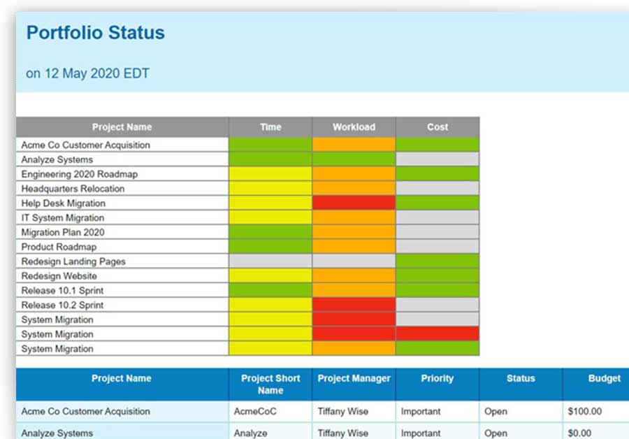 A screenshot of ProjectManager.com's reports that track project progress