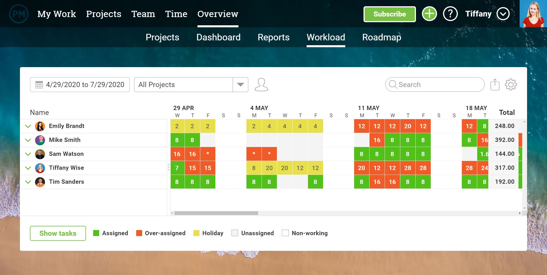 A screenshot of the resource management overview in ProjectManager.com, showing task assignees, task progress, and resource costs.