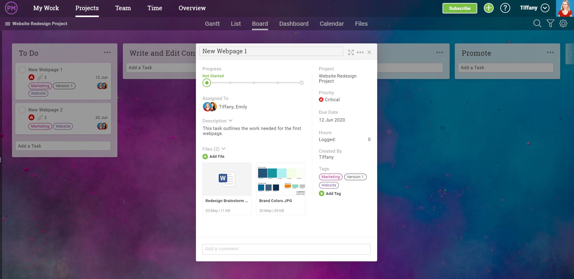 kanban board in ProjectManager.com with task details expanded