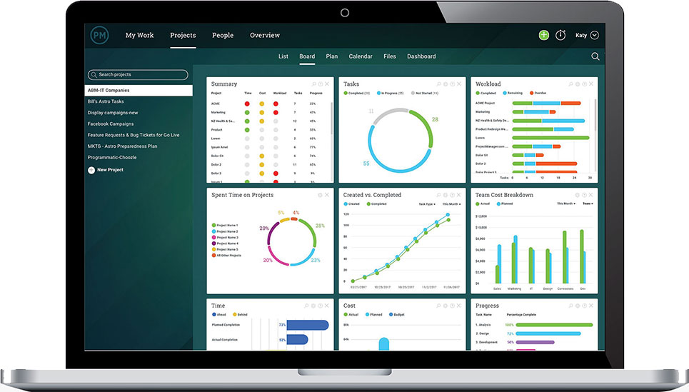 project scheduling software dashboard with workload, cost, issues, & change tracking