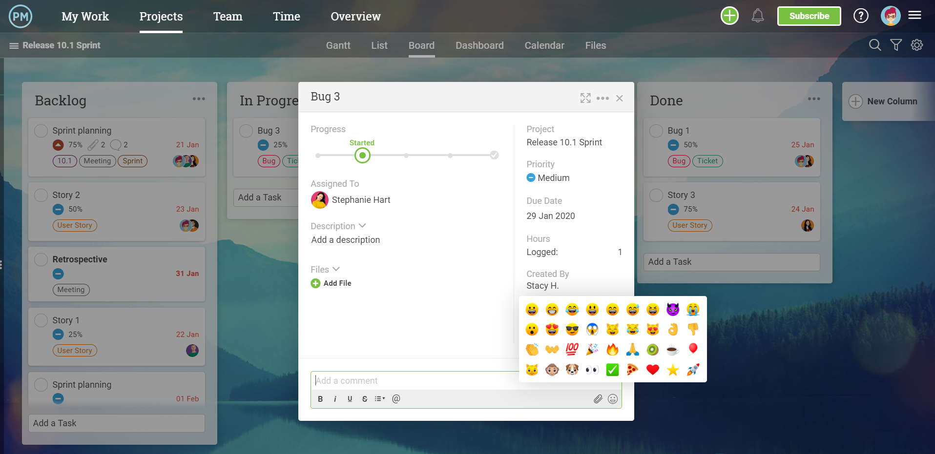 A screenshot of the software, showing the task interface and the new emoji option for adding comments.