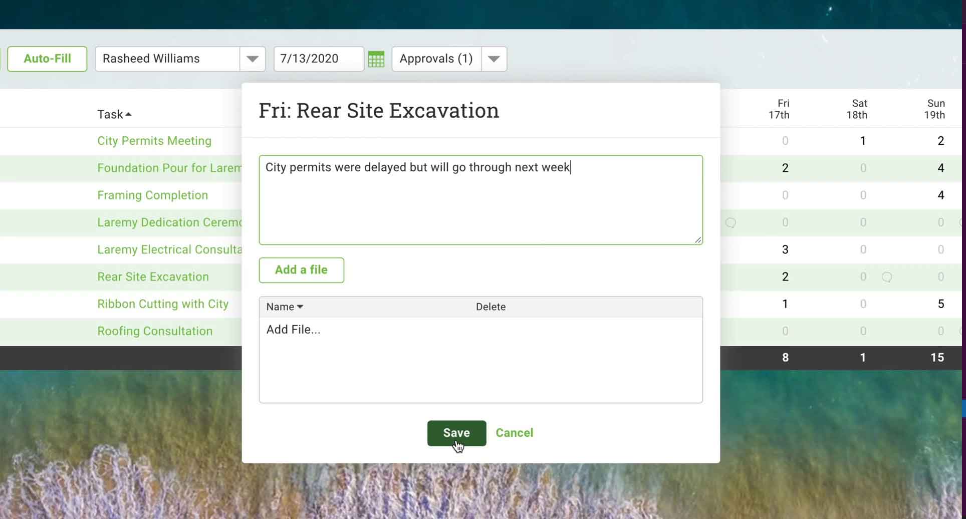 Comment added to timesheet