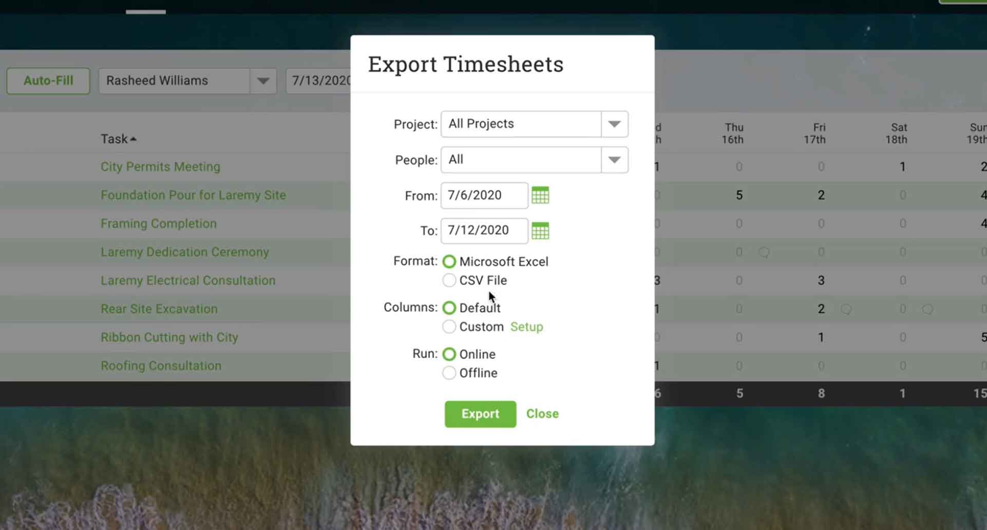 Export timesheets with filters